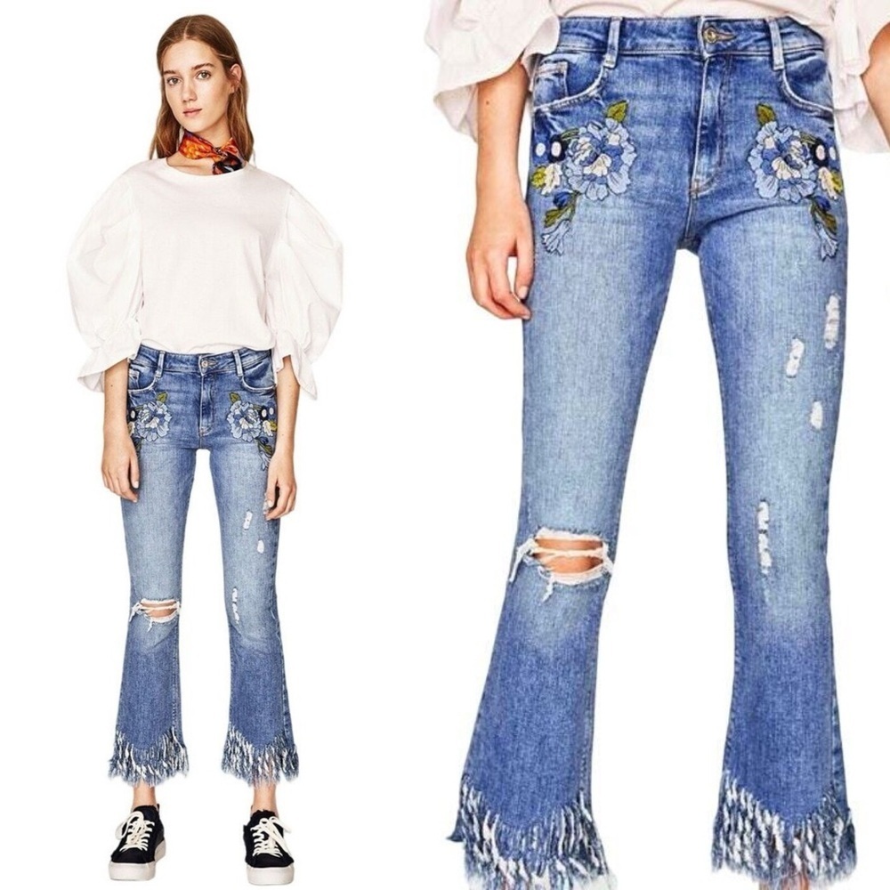 Zara Trafaluc Womens Boho High Rise Floral Embroidered Frayed Ankle Jean Size 2